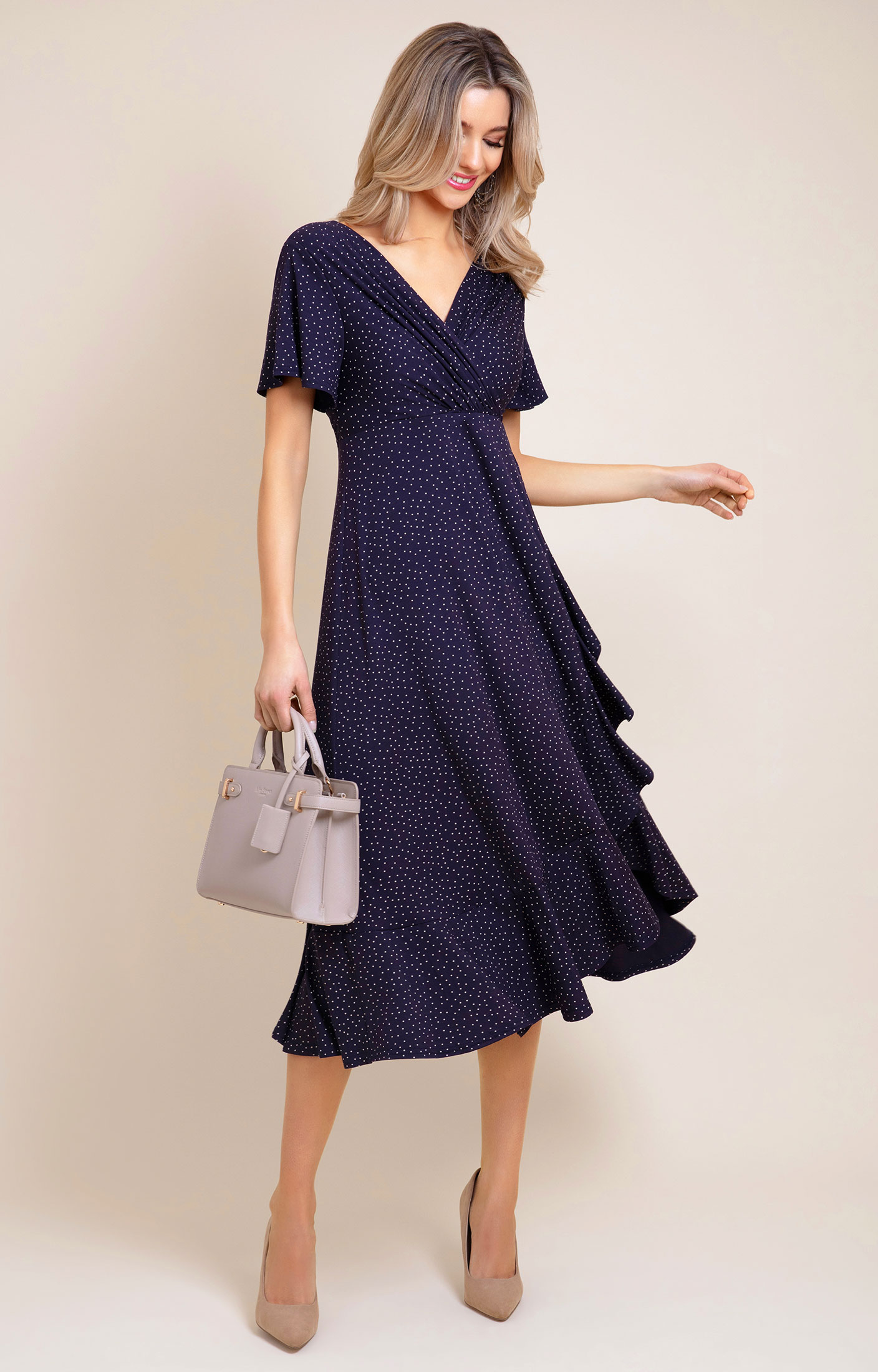 Waterfall Dress Polka Dot Navy Evening Dresses Occasion Wear and Wedding Dresses by Alie Street